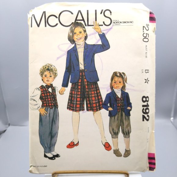 UNCUT Vintage Sewing PATTERN McCalls 8192, Girls 1982 Jacket Vest Pants Knickers - Picture 1 of 2